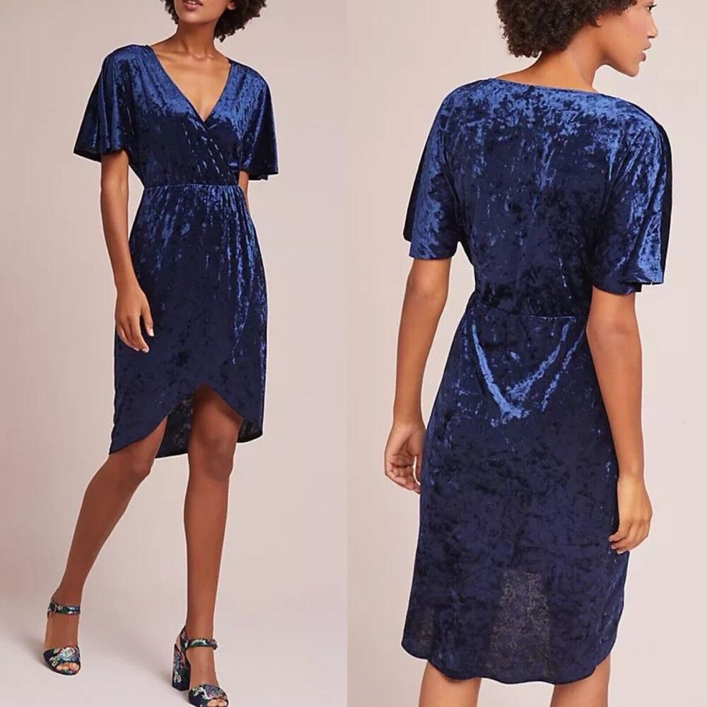 Sunday in Brooklyn Anthropologie Velvet Blue Plisse Faux Wrap Dress Sz XS Tulip